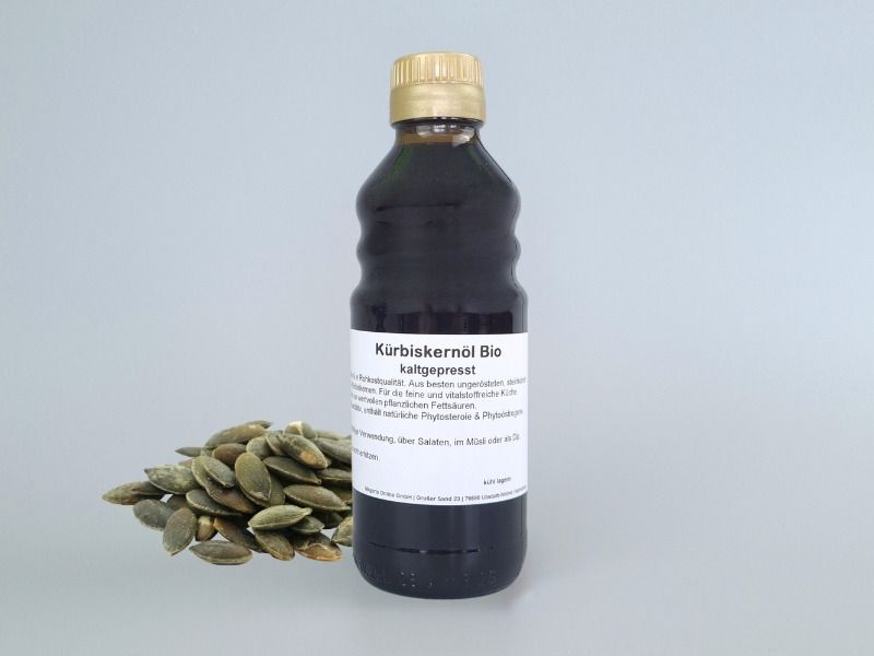 Kürbiskernöl, kaltgepresst aus ungerösteten Kürbiskernen, Bio kbA, Rohkost